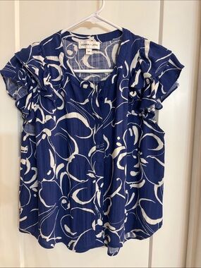Gemma + Jane Navy Floral Ruffle Sleeve Blouse